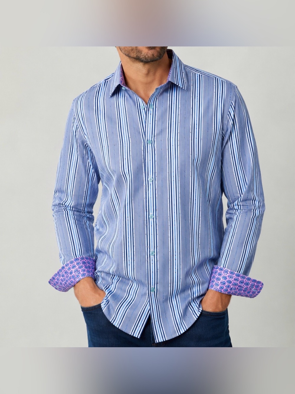 Robert Graham Shirt Mens Size XL Blue White Button Up Striped Flip‎ Cuff
